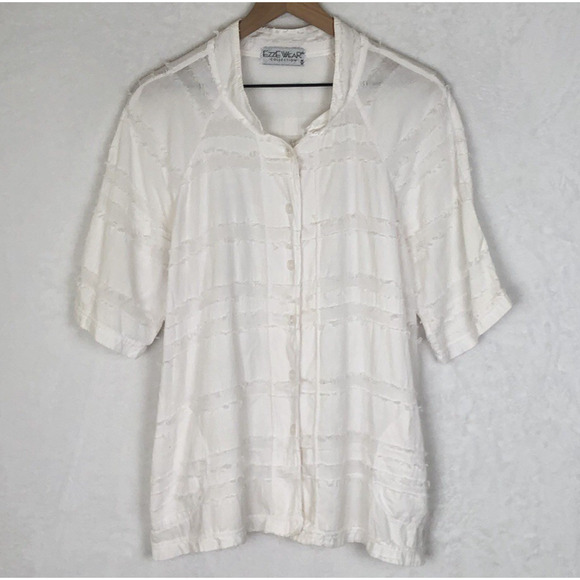 VTG EZZEWEAR Tunic Top Women's Sz M White Cotton‎ Raw Edge Button Blouse Raglan - Picture 1 of 9